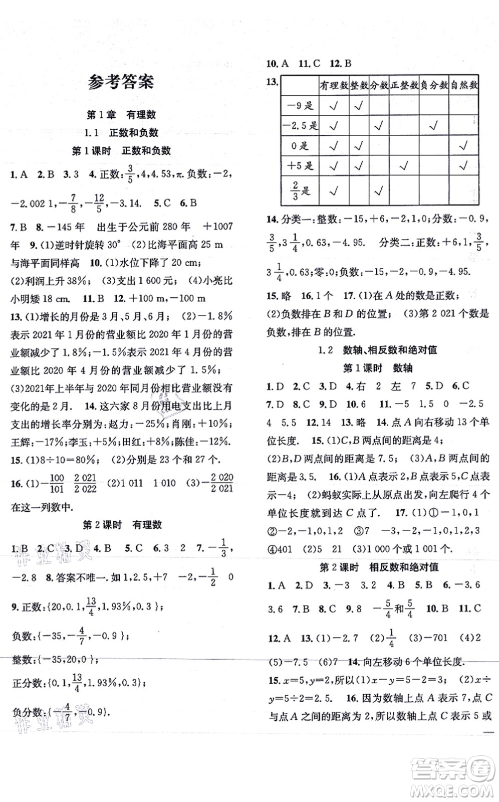 團(tuán)結(jié)出版社2021體驗(yàn)型學(xué)案七年級(jí)數(shù)學(xué)上冊H滬科版答案