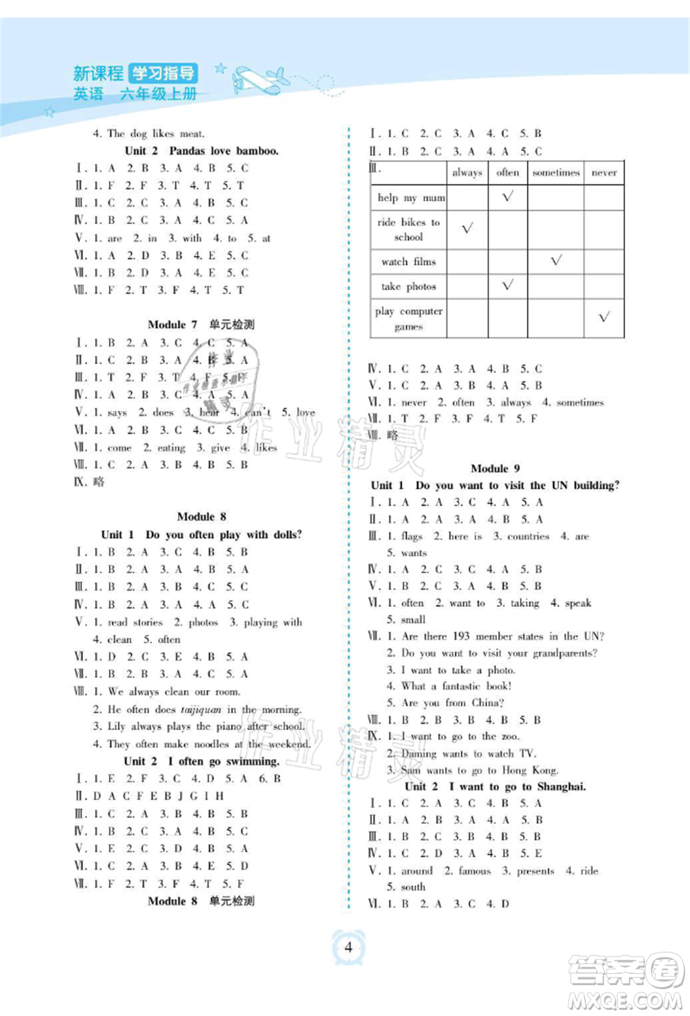 海南出版社2021新課程學習指導(dǎo)六年級英語上冊外研版參考答案