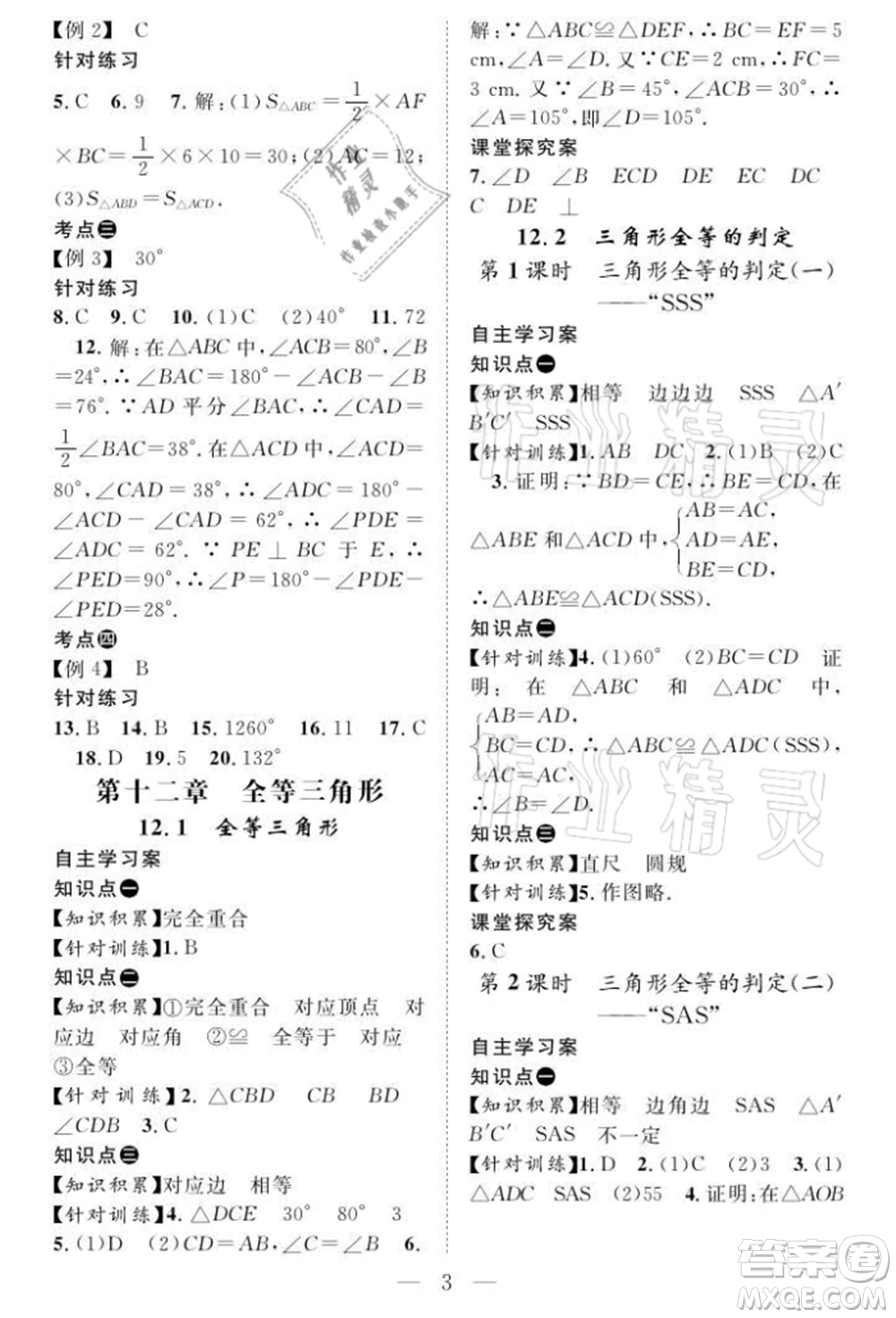 長(zhǎng)江少年兒童出版社2021優(yōu)質(zhì)課堂導(dǎo)學(xué)案八年級(jí)上冊(cè)數(shù)學(xué)人教版B課后作業(yè)參考答案