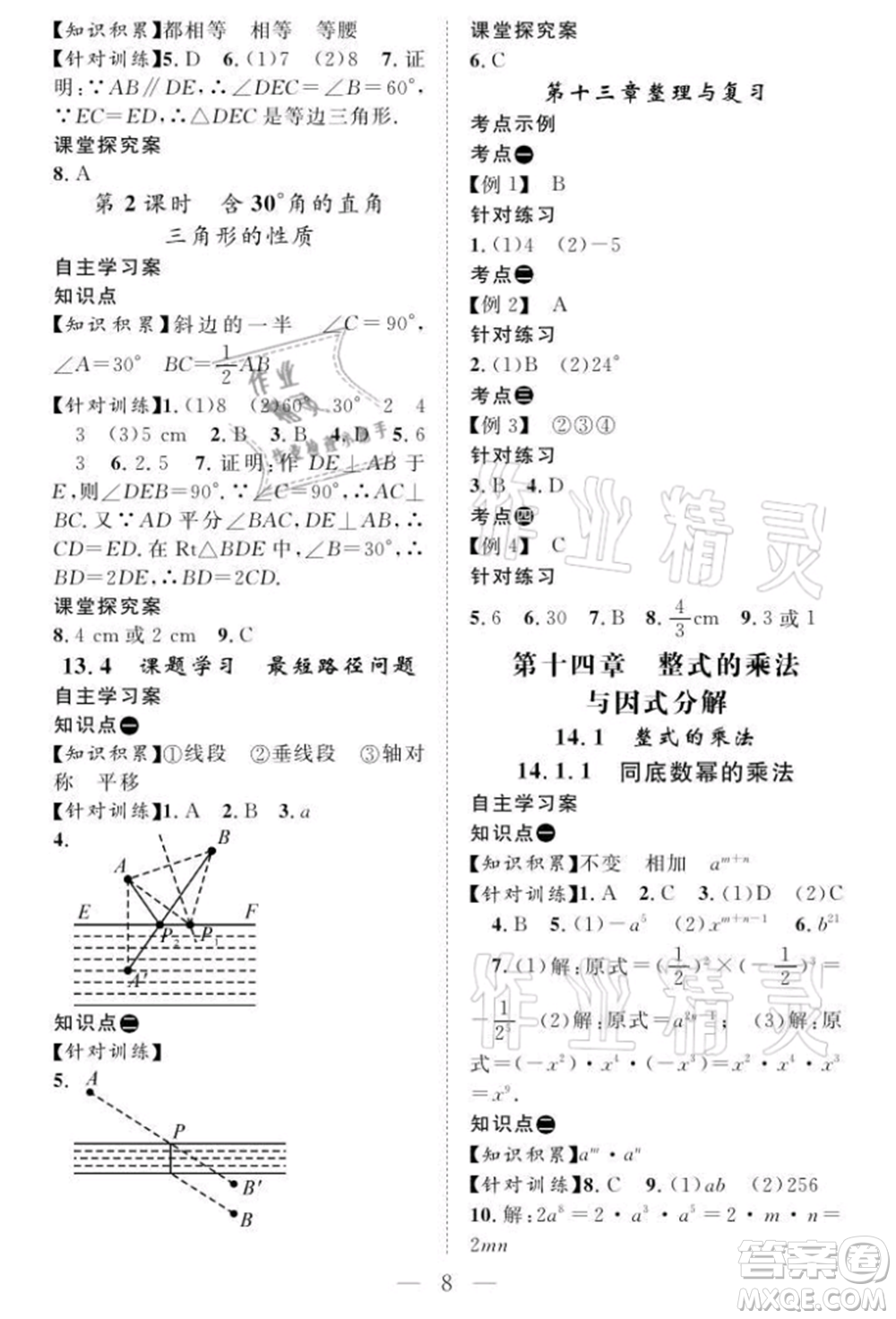 長(zhǎng)江少年兒童出版社2021優(yōu)質(zhì)課堂導(dǎo)學(xué)案八年級(jí)上冊(cè)數(shù)學(xué)人教版B課后作業(yè)參考答案