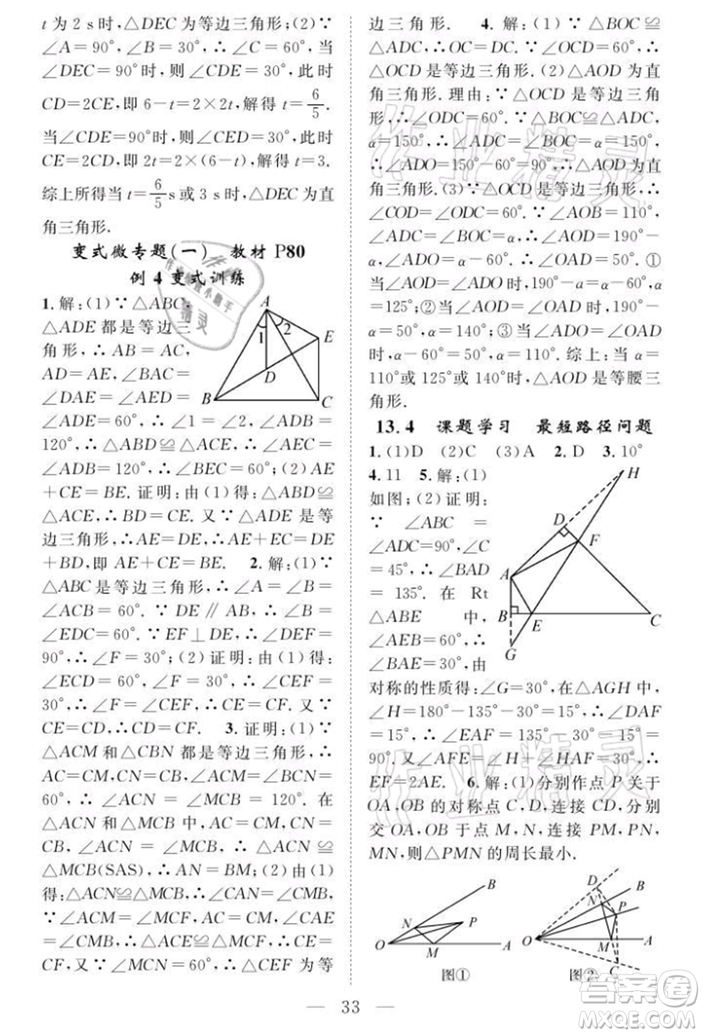 長(zhǎng)江少年兒童出版社2021優(yōu)質(zhì)課堂導(dǎo)學(xué)案八年級(jí)上冊(cè)數(shù)學(xué)人教版B課后作業(yè)參考答案