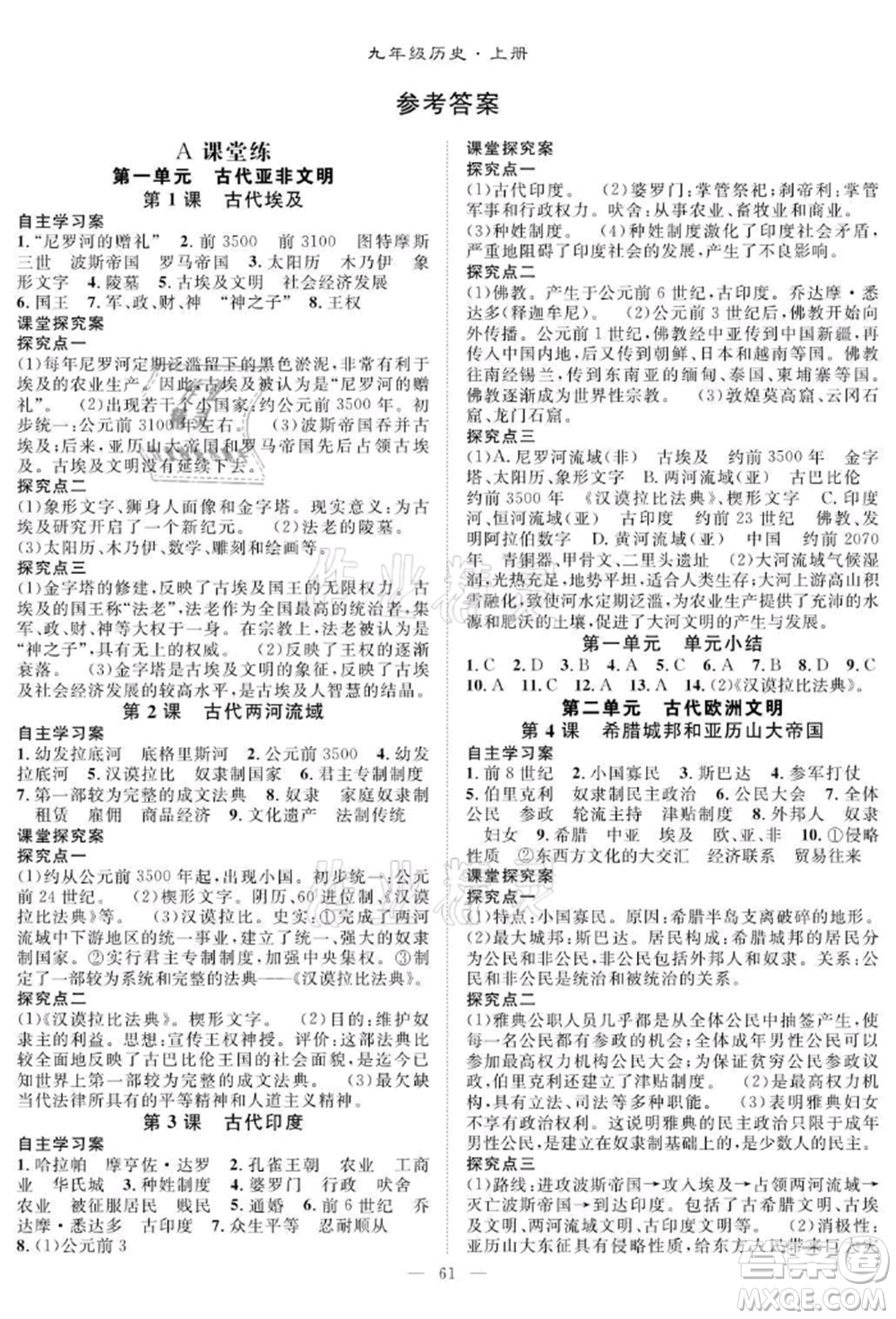 長(zhǎng)江少年兒童出版社2021優(yōu)質(zhì)課堂導(dǎo)學(xué)案九年級(jí)歷史人教版B課后作業(yè)參考答案