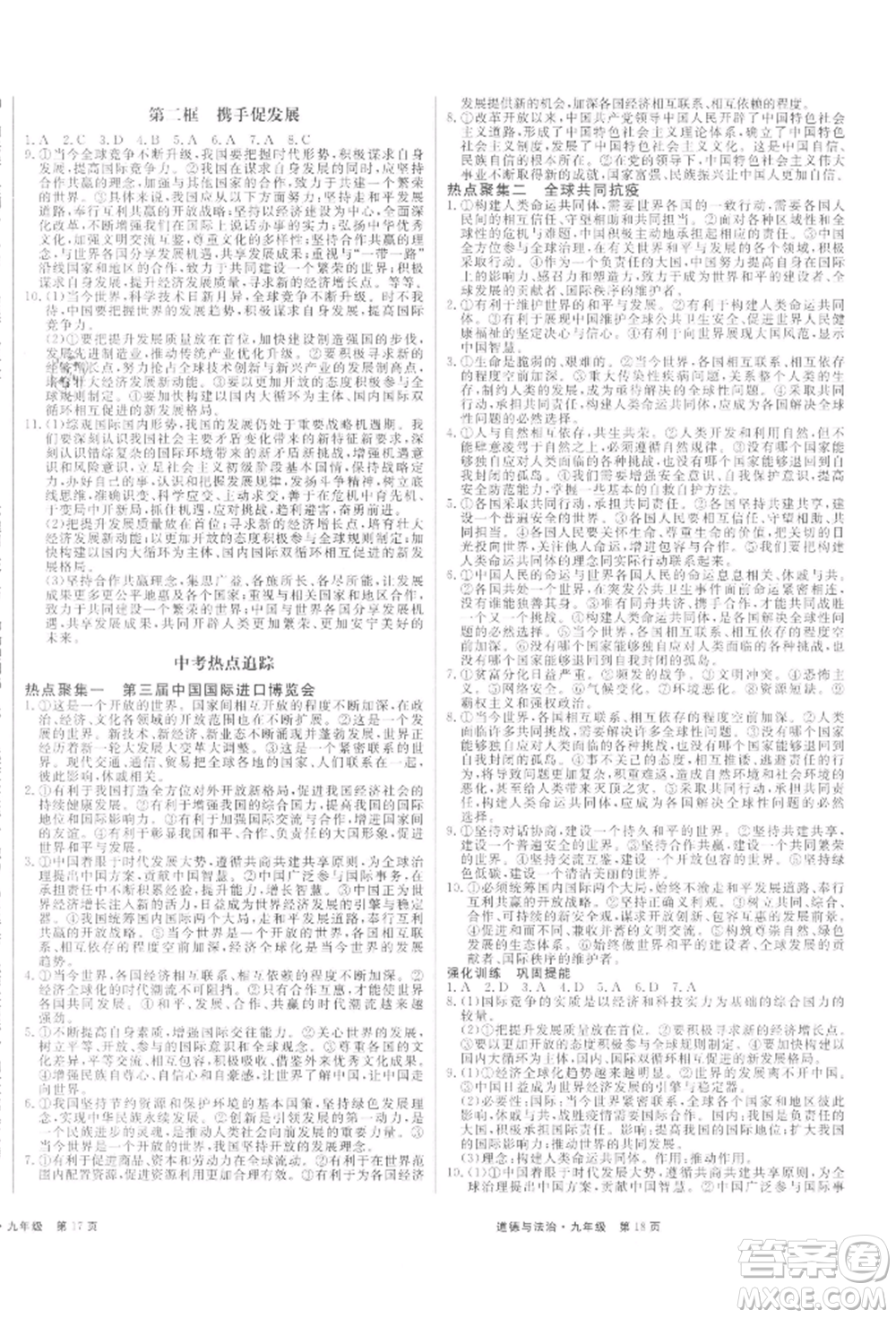 延邊大學(xué)出版社2021贏在新課堂九年級(jí)道德與法治人教版江西專版參考答案