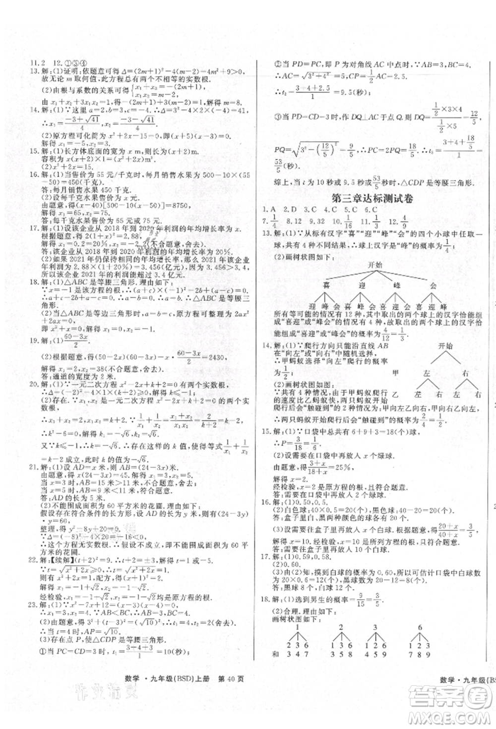 東方出版社2021贏在新課堂九年級(jí)數(shù)學(xué)上冊(cè)北師大版江西專版參考答案