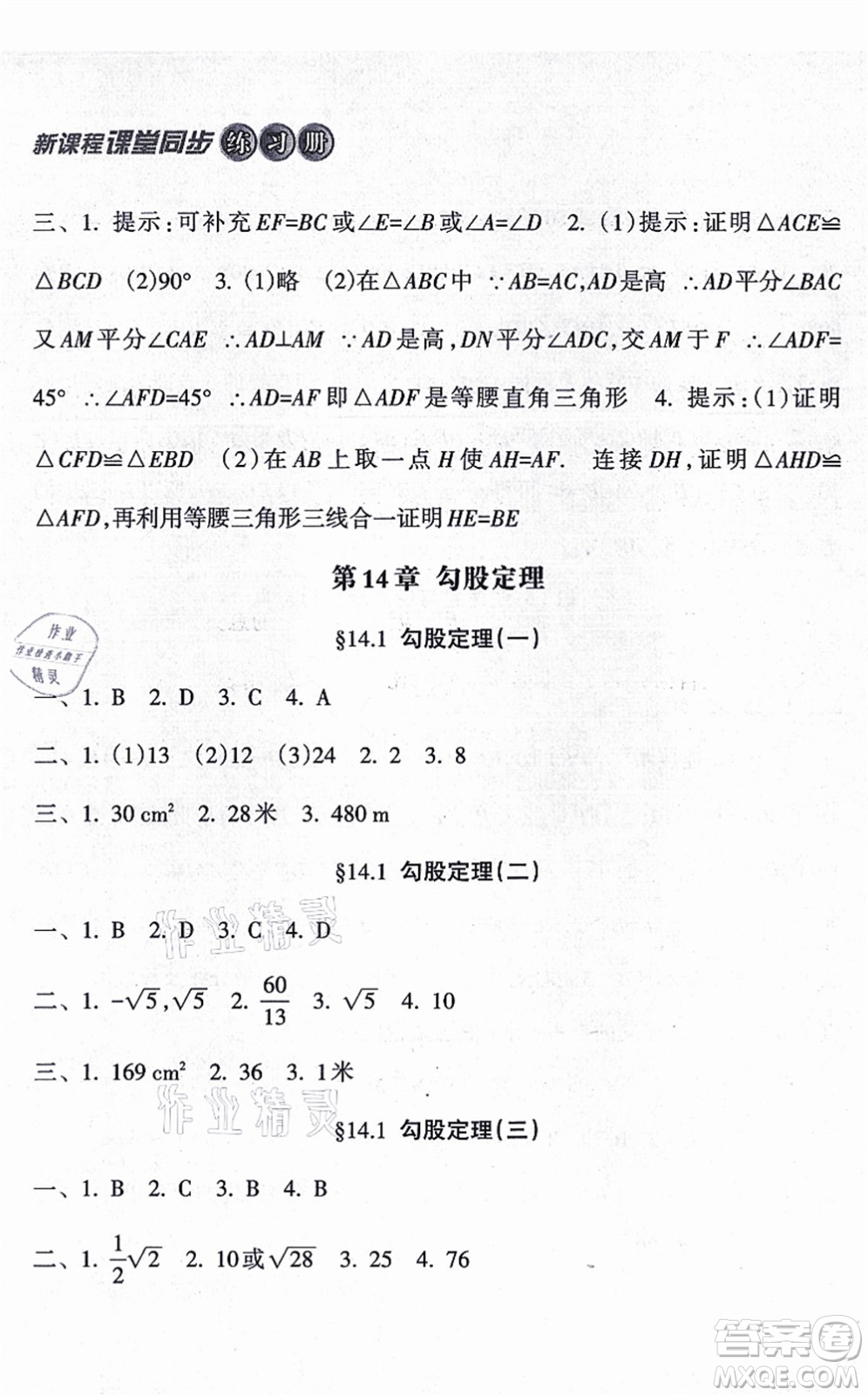 南方出版社2021新課程課堂同步練習冊八年級數學上冊華師版答案