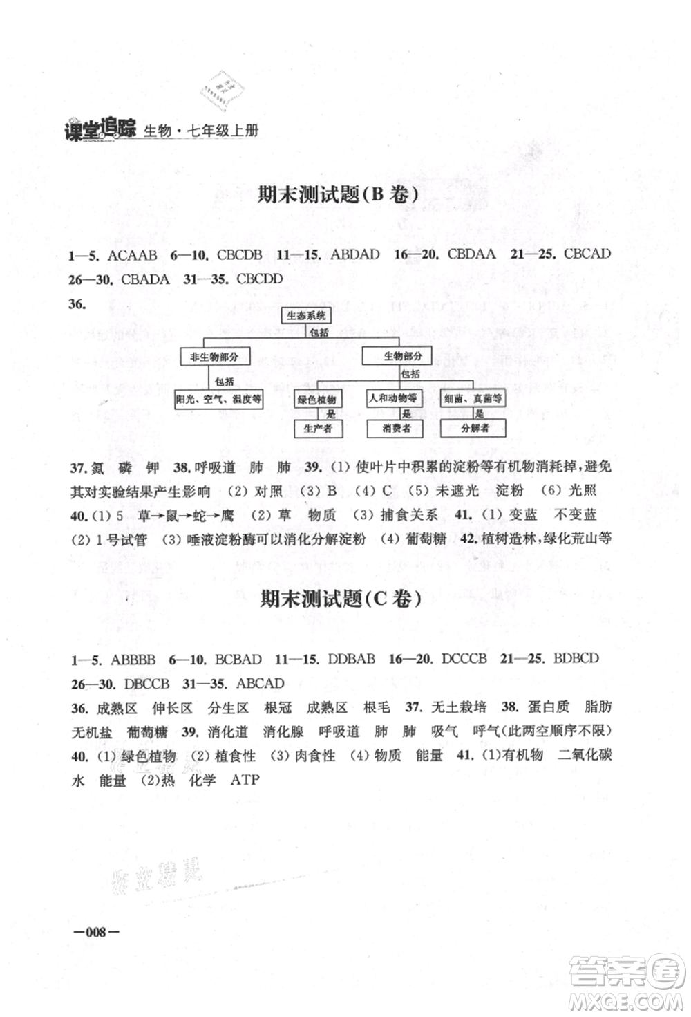 江蘇鳳凰美術出版社2021課堂追蹤七年級生物上冊蘇科版參考答案