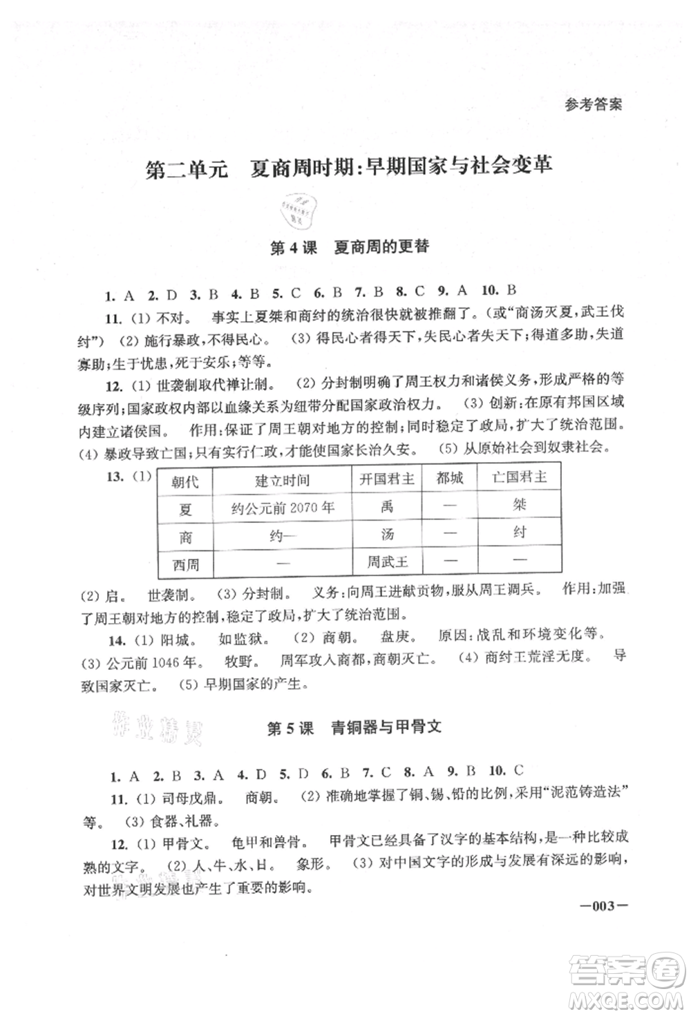 江蘇鳳凰美術(shù)出版社2021課堂追蹤七年級歷史上冊人教版參考答案