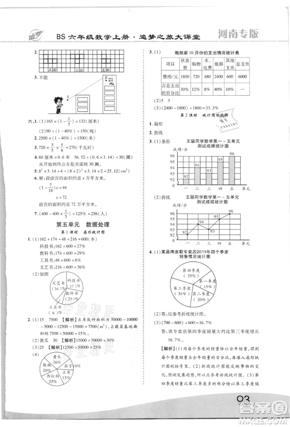 天津科學技術出版社2021追夢之旅大課堂六年級數(shù)學上冊北師大版河南專版參考答案