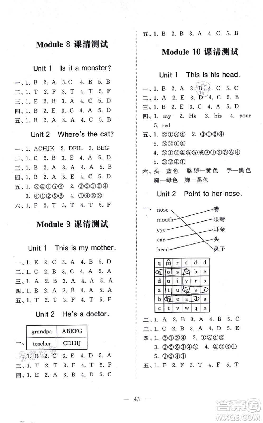 山東友誼出版社2021小學(xué)同步練習(xí)冊(cè)提優(yōu)測(cè)試卷三年級(jí)英語上冊(cè)WY外研版答案