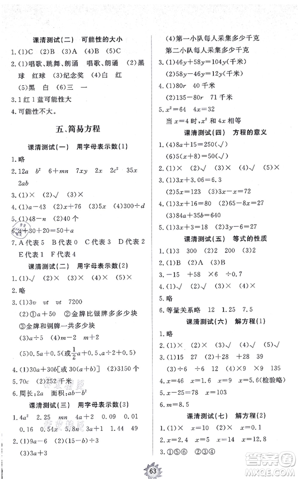 山東友誼出版社2021小學(xué)同步練習(xí)冊(cè)提優(yōu)測(cè)試卷五年級(jí)數(shù)學(xué)上冊(cè)RJ人教版答案