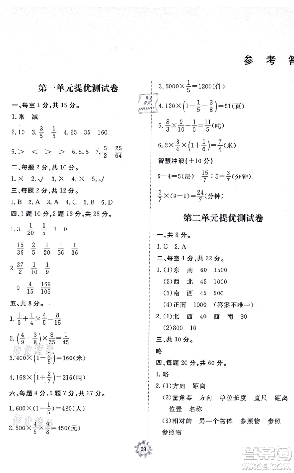 山東友誼出版社2021小學(xué)同步練習(xí)冊(cè)提優(yōu)測(cè)試卷六年級(jí)數(shù)學(xué)上冊(cè)RJ人教版答案