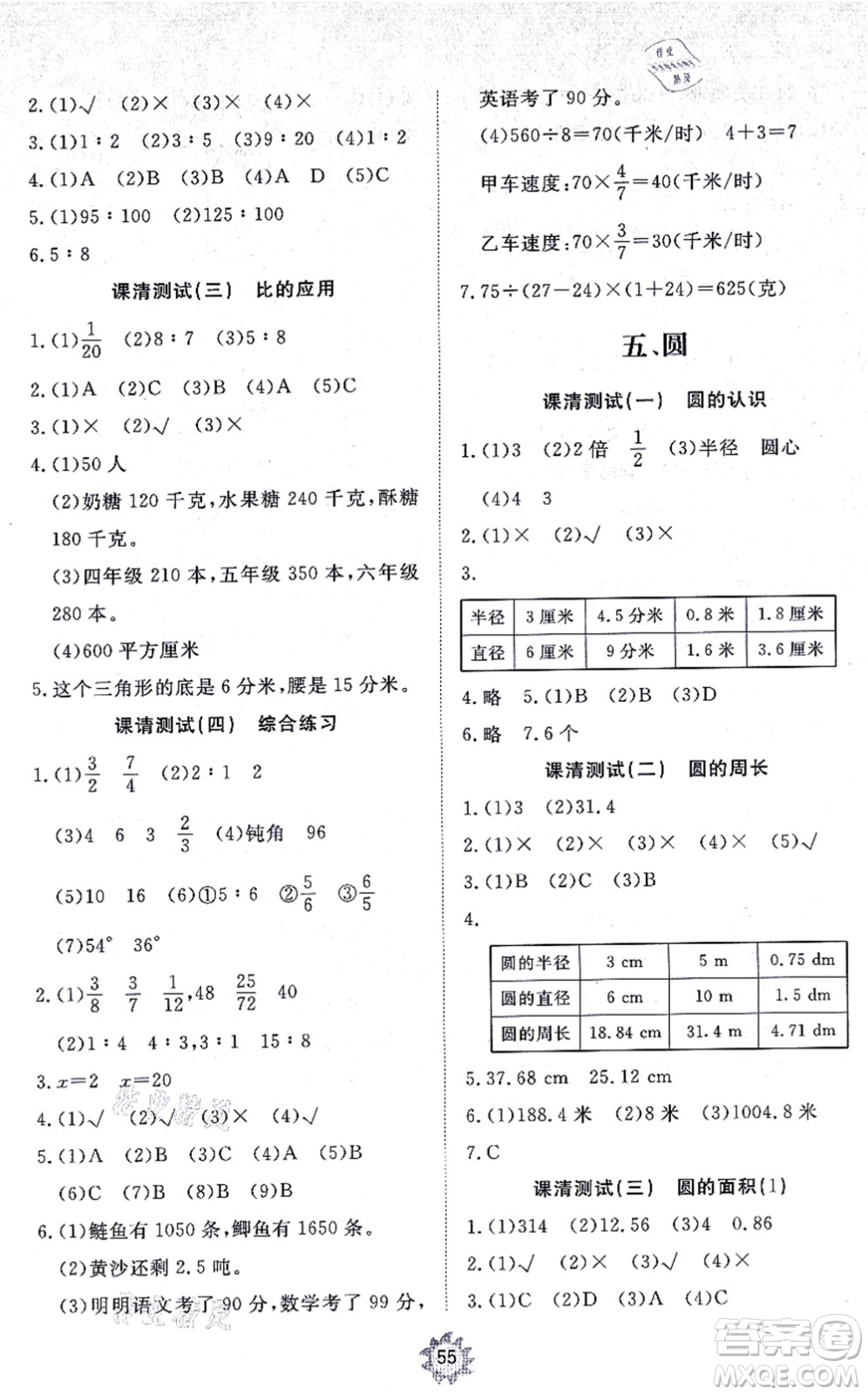 山東友誼出版社2021小學(xué)同步練習(xí)冊(cè)提優(yōu)測(cè)試卷六年級(jí)數(shù)學(xué)上冊(cè)RJ人教版答案