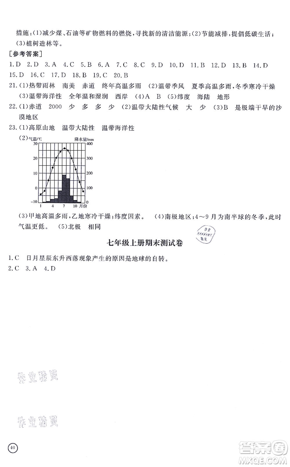 山東友誼出版社2021初中同步練習(xí)冊(cè)提優(yōu)測試卷七年級(jí)地理上冊(cè)人教版答案