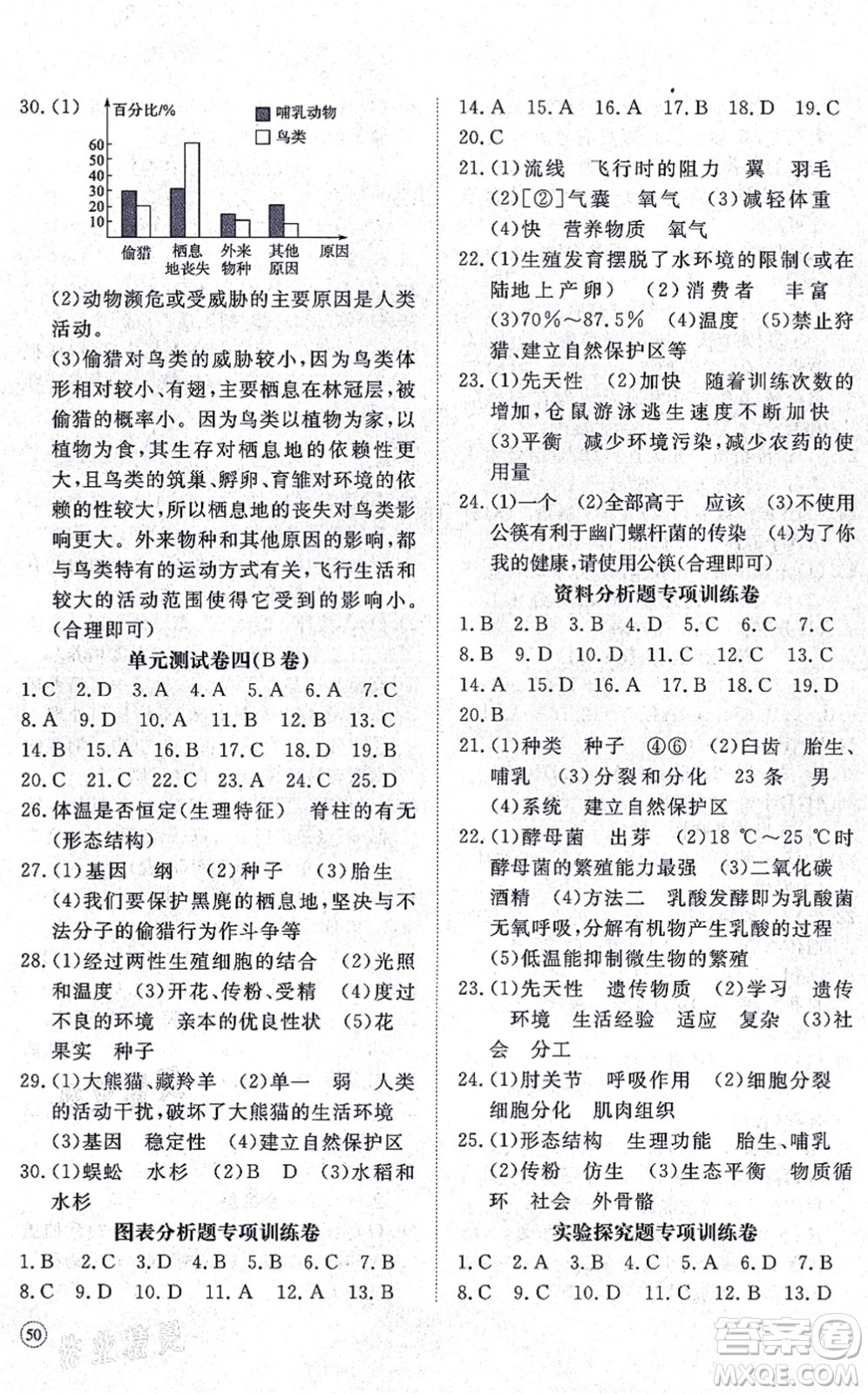 山東友誼出版社2021初中同步練習(xí)冊提優(yōu)測試卷八年級生物上冊人教版答案