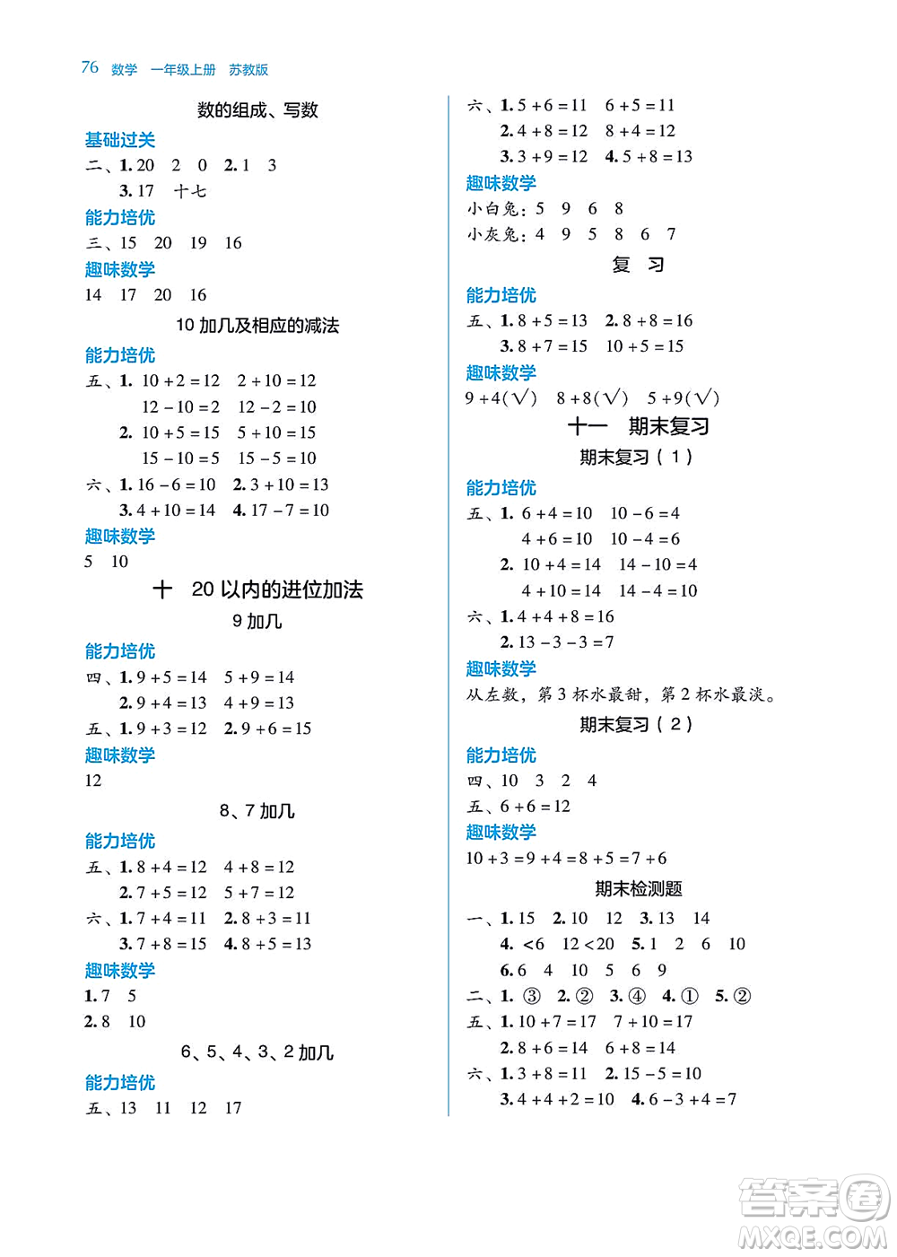 湖南教育出版社2021學法大視野一年級數(shù)學上冊蘇教版答案