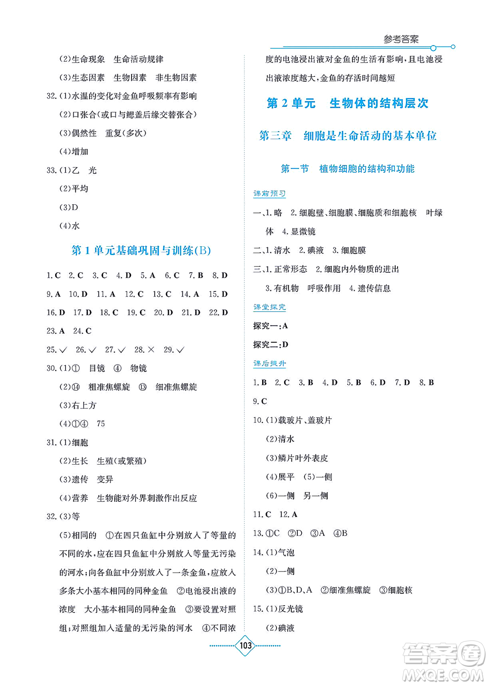 湖南教育出版社2021學(xué)法大視野七年級生物上冊蘇教版答案