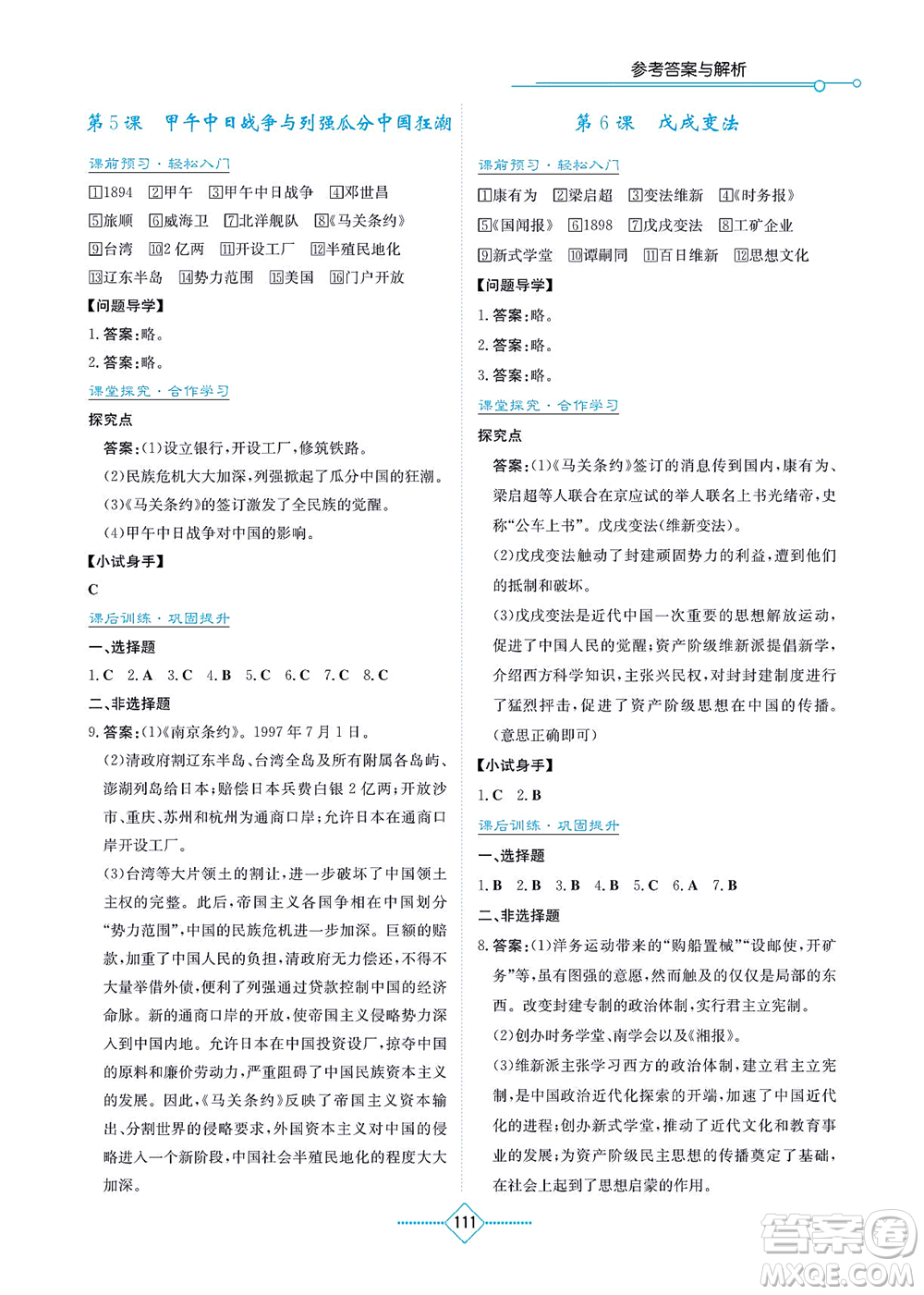 湖南教育出版社2021學法大視野八年級歷史上冊人教版答案
