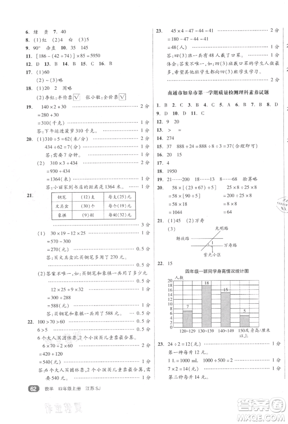 天津人民出版社2021全品小復(fù)習(xí)四年級(jí)數(shù)學(xué)上冊(cè)蘇教版江蘇專版參考答案