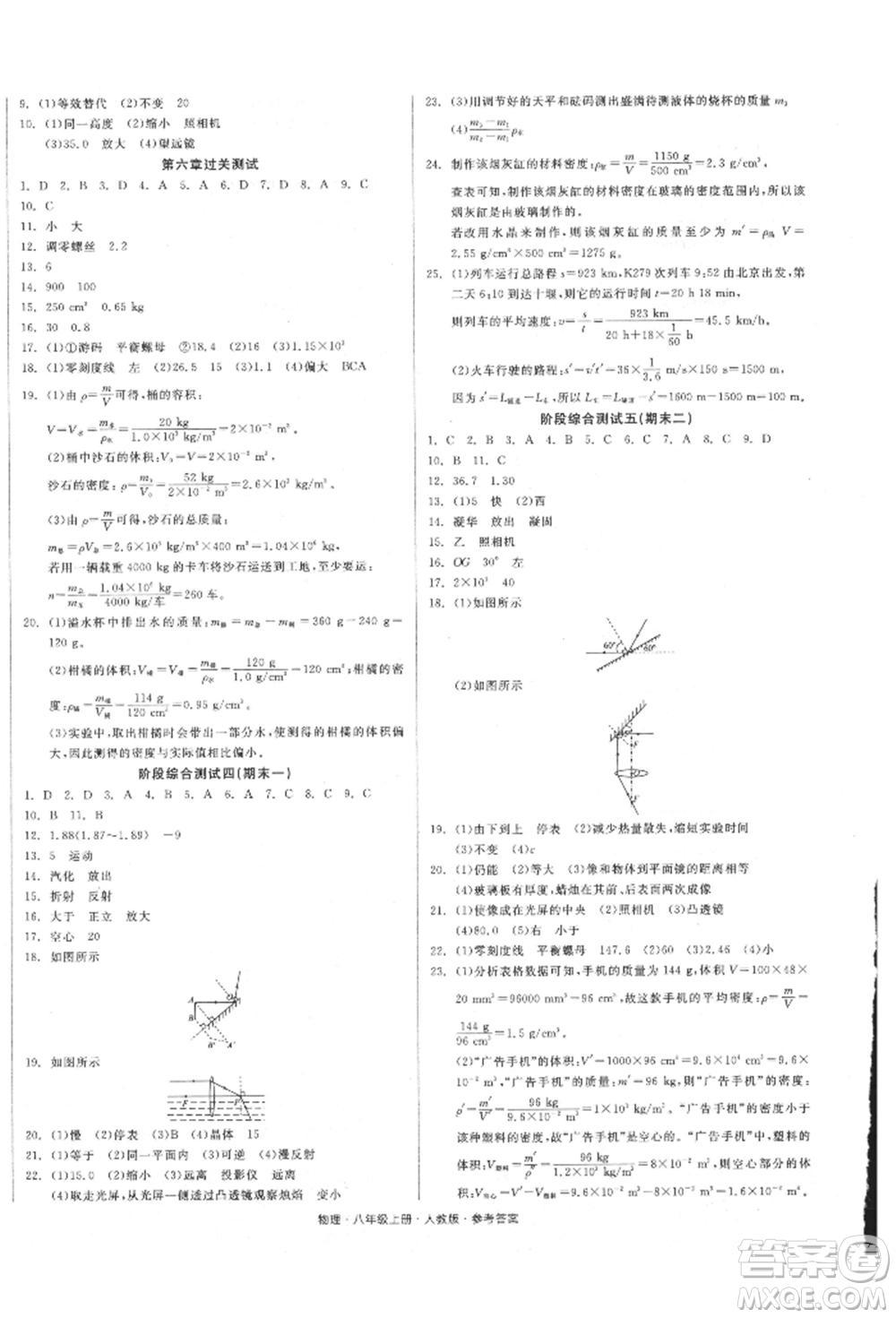 陽光出版社2021全品小復(fù)習(xí)八年級物理上冊人教版參考答案