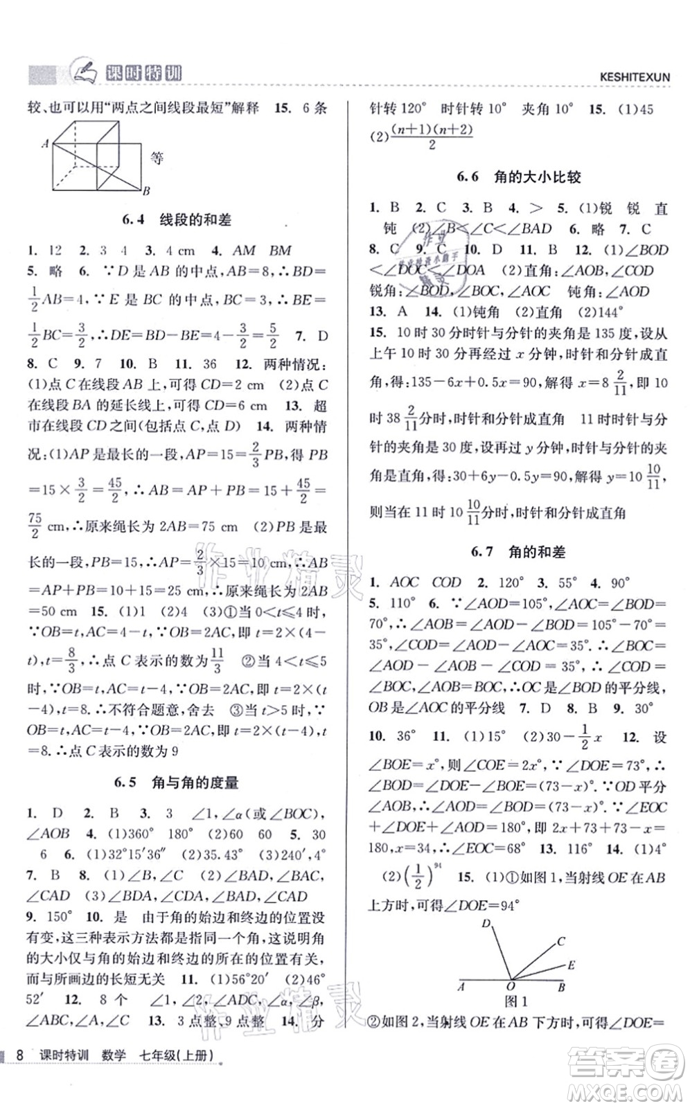 浙江人民出版社2021課時特訓七年級數(shù)學上冊Z浙教版答案