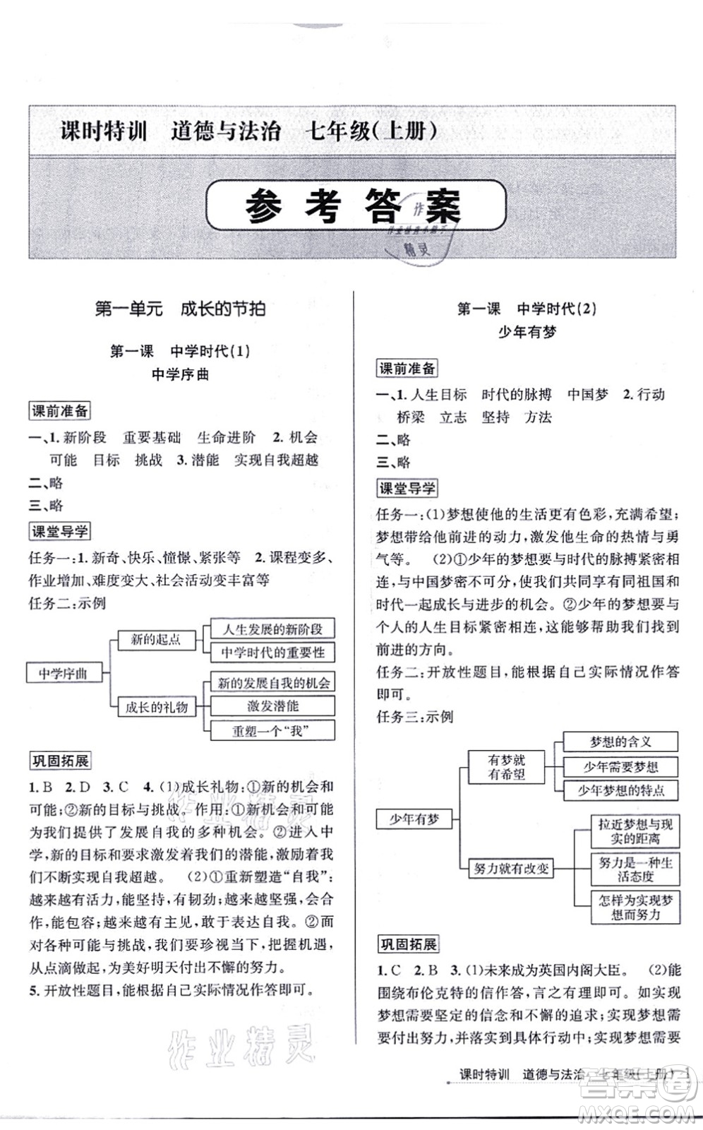 浙江人民出版社2021課時特訓七年級道德與法治上冊人教版答案