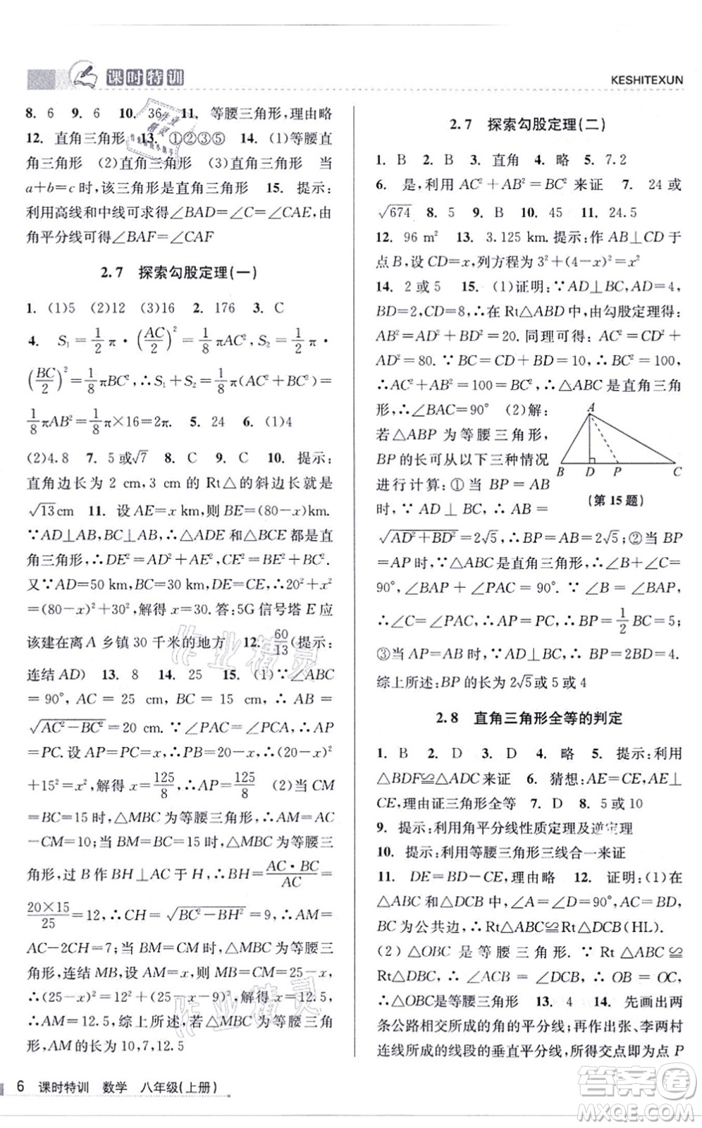 浙江人民出版社2021課時特訓八年級數(shù)學上冊Z浙教版答案