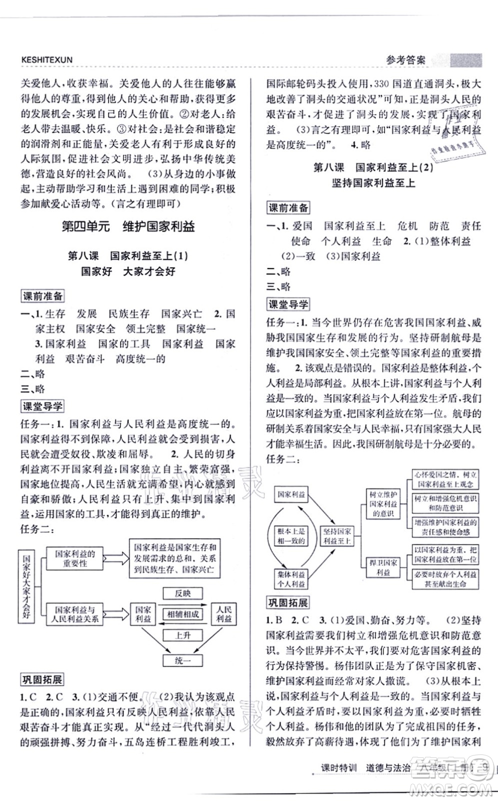 浙江人民出版社2021課時(shí)特訓(xùn)八年級道德與法治上冊人教版答案