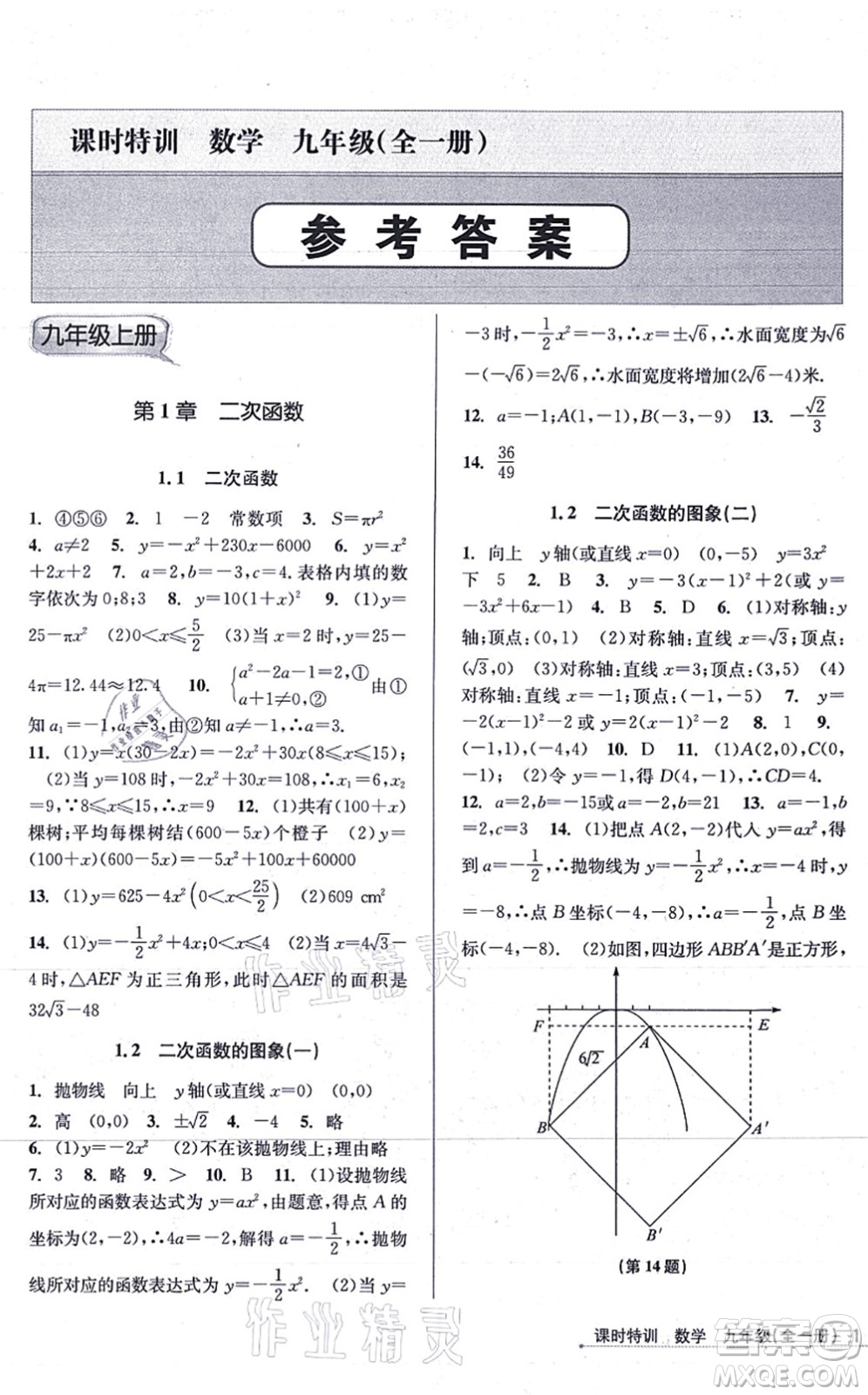 浙江人民出版社2021課時特訓(xùn)九年級數(shù)學(xué)全一冊Z浙教版答案