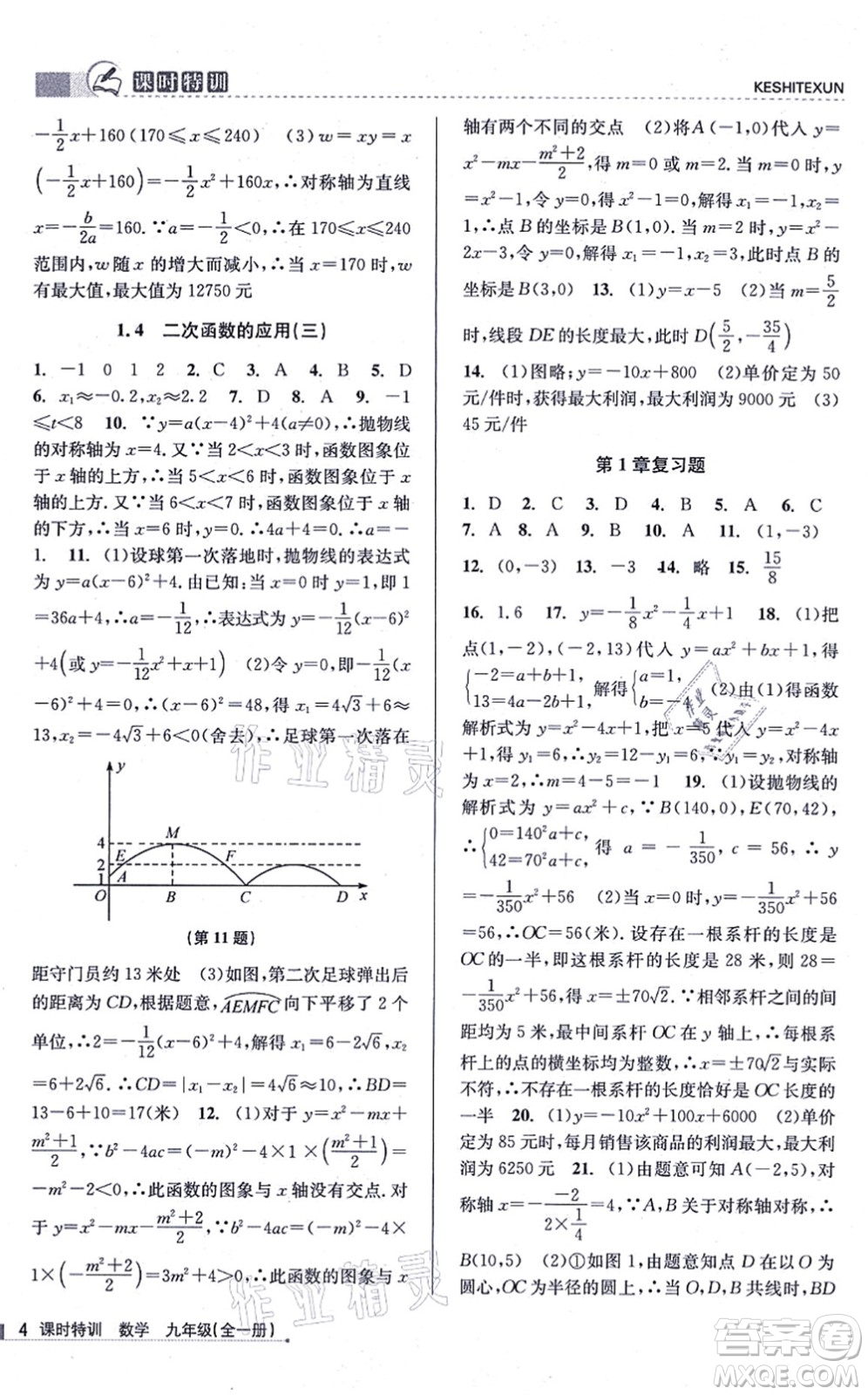 浙江人民出版社2021課時特訓(xùn)九年級數(shù)學(xué)全一冊Z浙教版答案