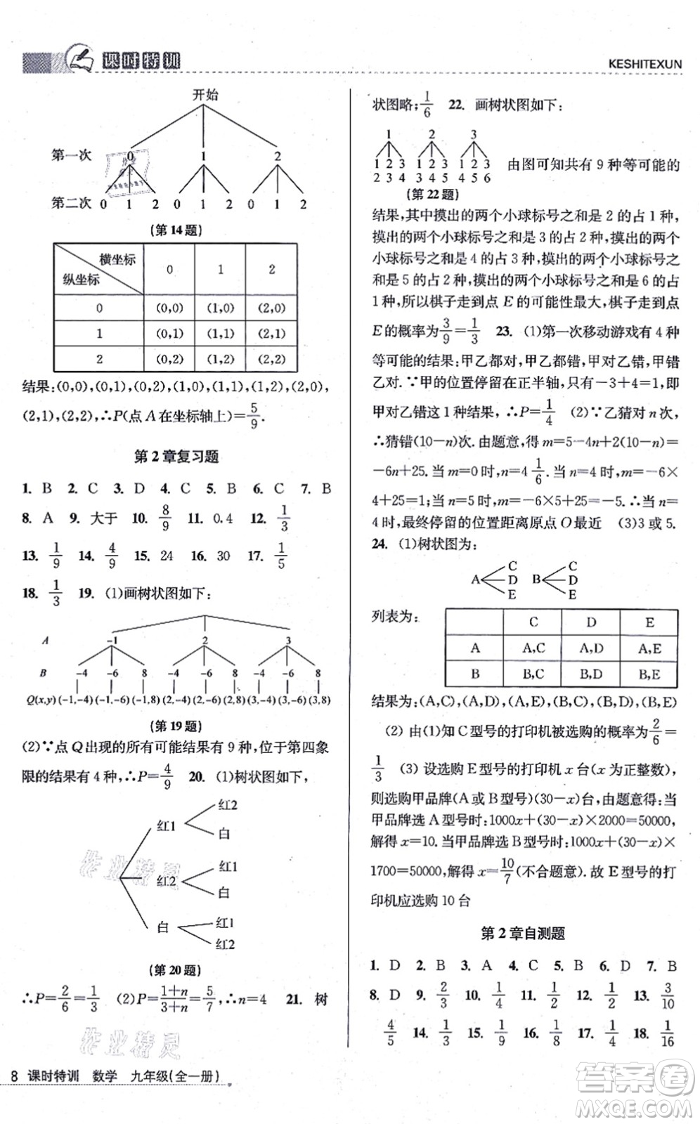 浙江人民出版社2021課時特訓(xùn)九年級數(shù)學(xué)全一冊Z浙教版答案