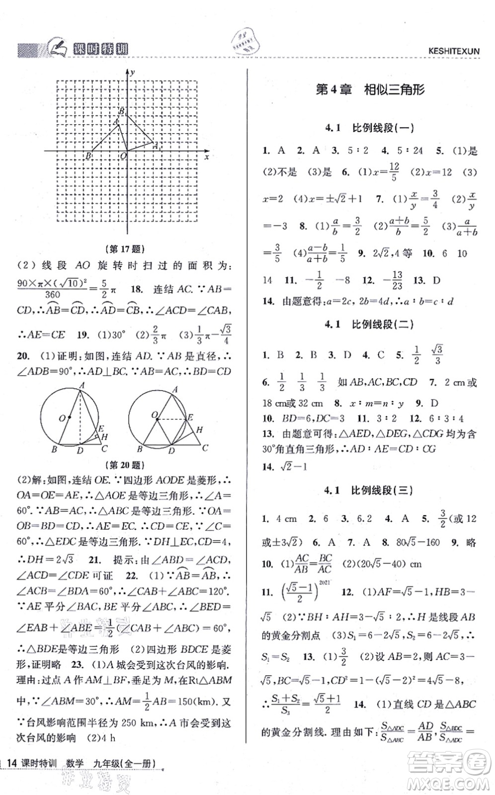 浙江人民出版社2021課時特訓(xùn)九年級數(shù)學(xué)全一冊Z浙教版答案