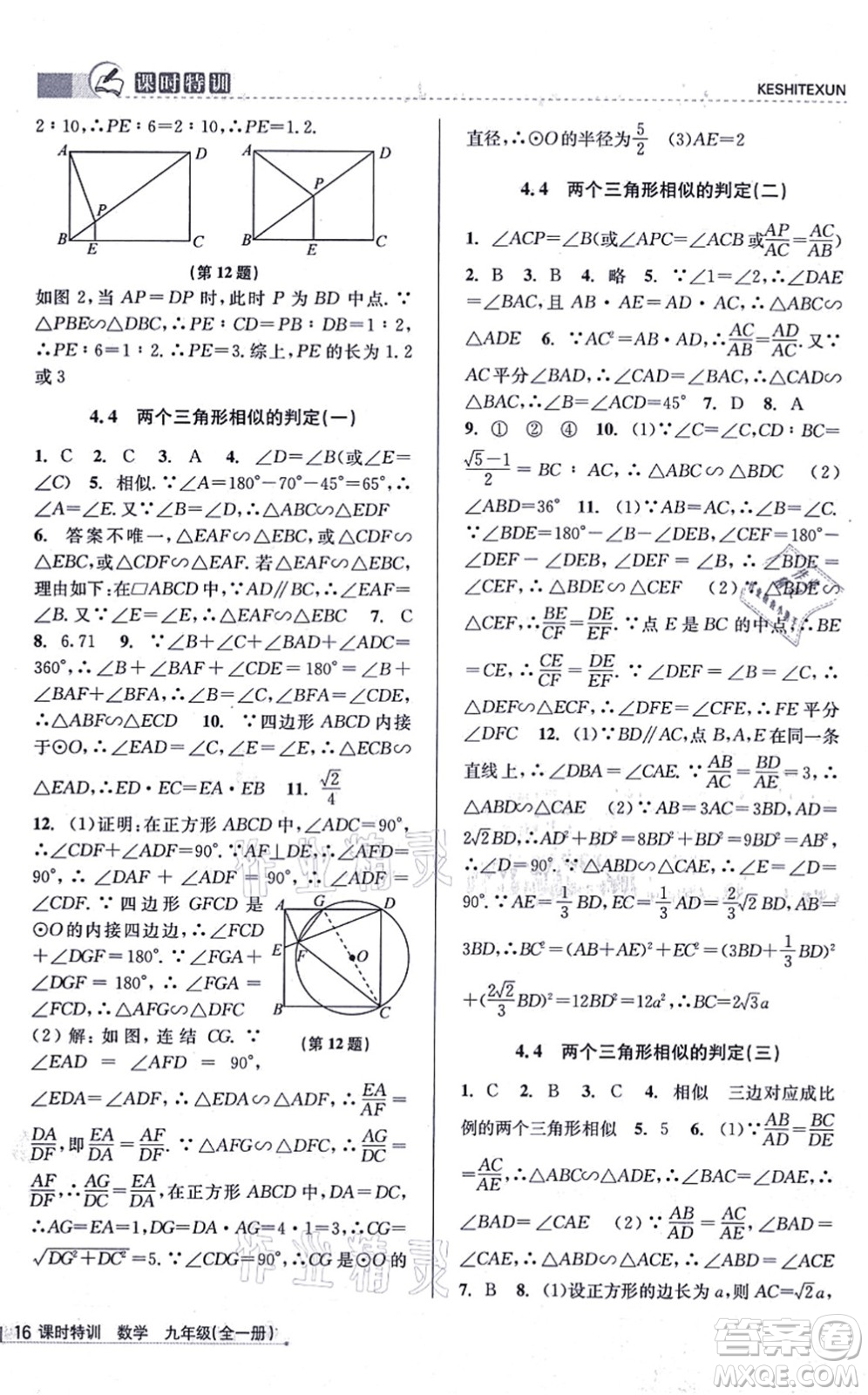 浙江人民出版社2021課時特訓(xùn)九年級數(shù)學(xué)全一冊Z浙教版答案