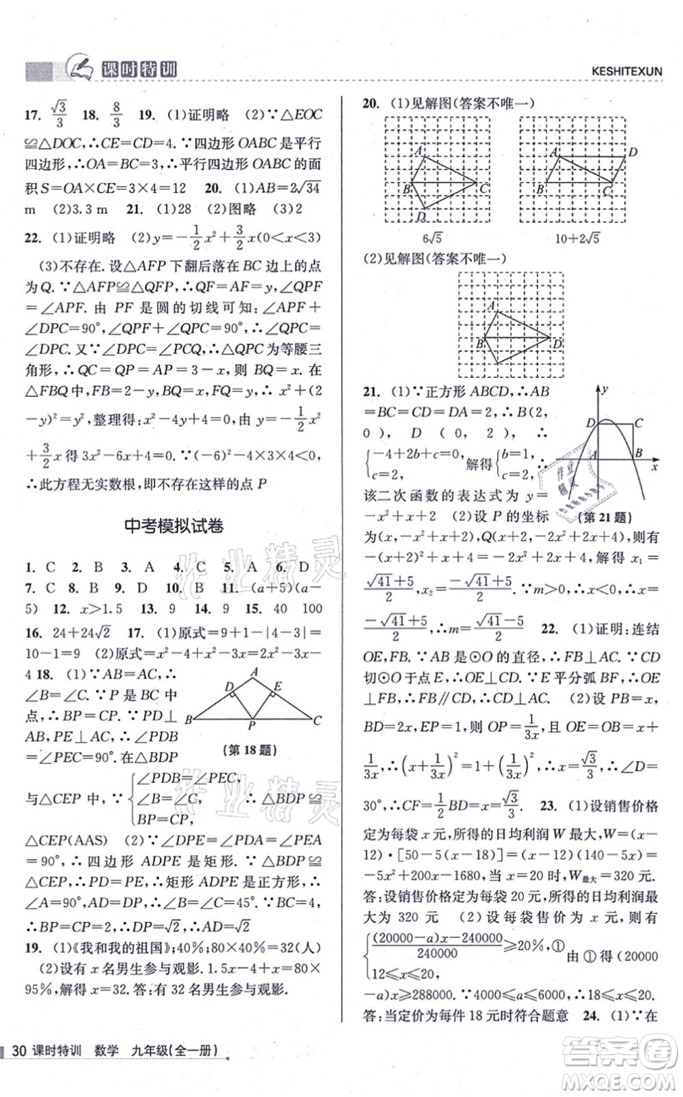 浙江人民出版社2021課時特訓(xùn)九年級數(shù)學(xué)全一冊Z浙教版答案
