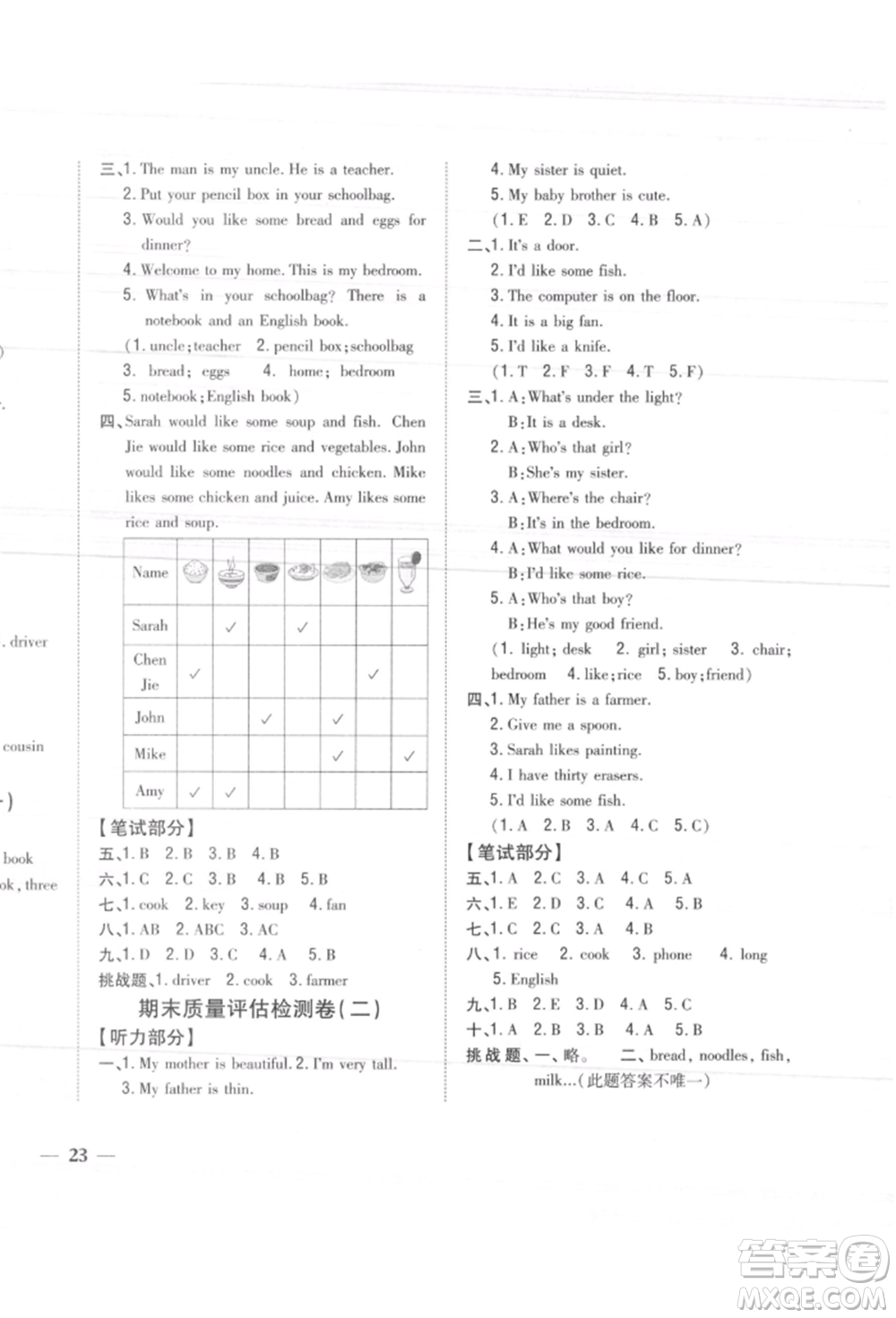 吉林人民出版社2021小學(xué)題幫四年級(jí)英語(yǔ)上冊(cè)人教版參考答案