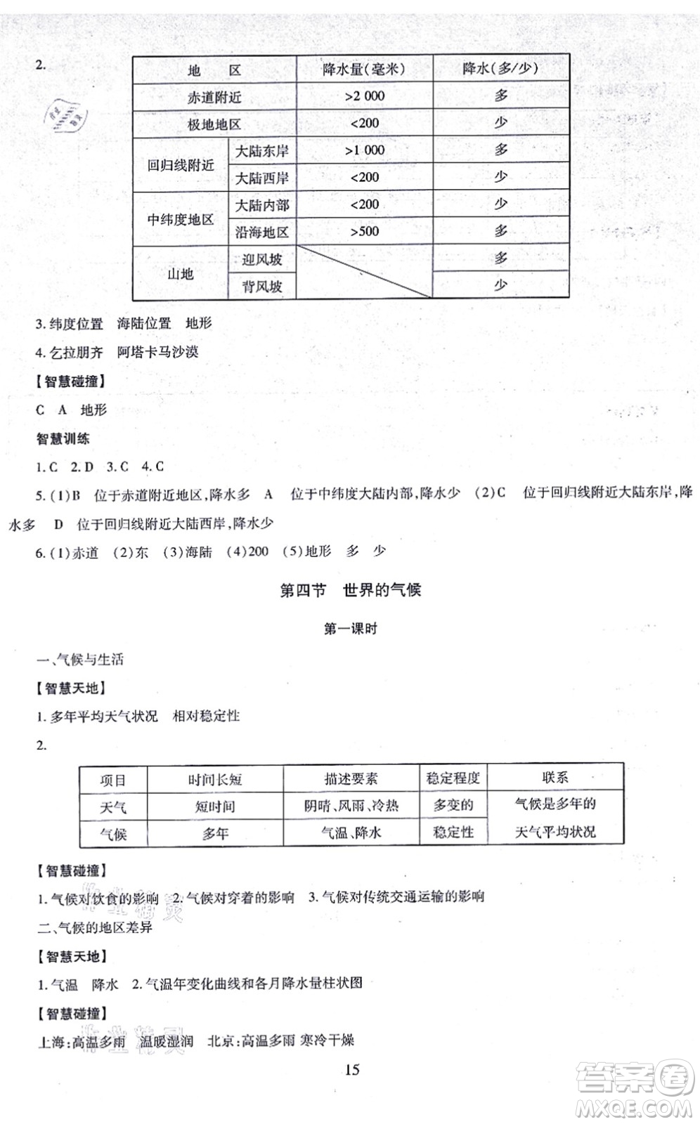 明天出版社2021智慧學(xué)習(xí)導(dǎo)學(xué)練七年級地理上冊人教版答案