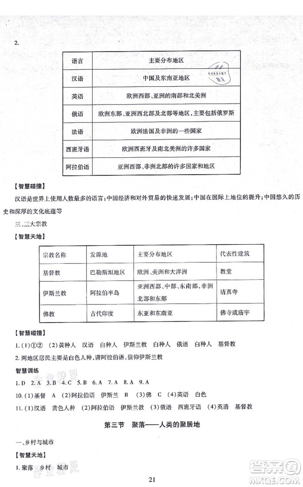 明天出版社2021智慧學(xué)習(xí)導(dǎo)學(xué)練七年級地理上冊人教版答案