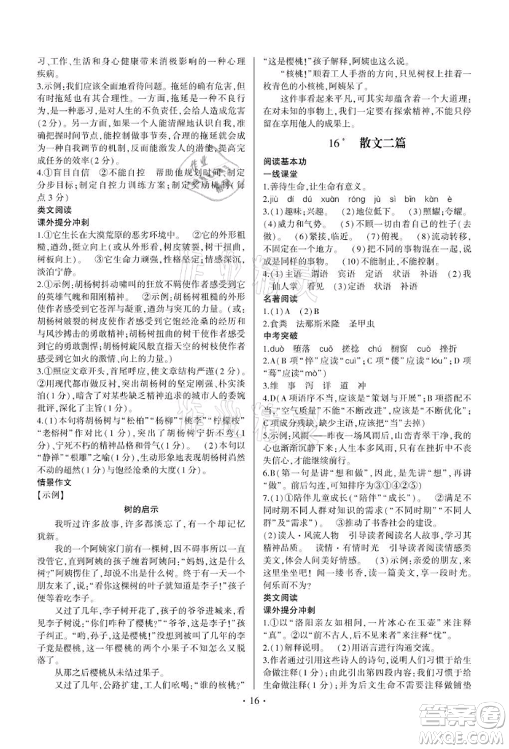 四川民族出版社2021同步寶典一線超越八年級語文上冊人教版參考答案