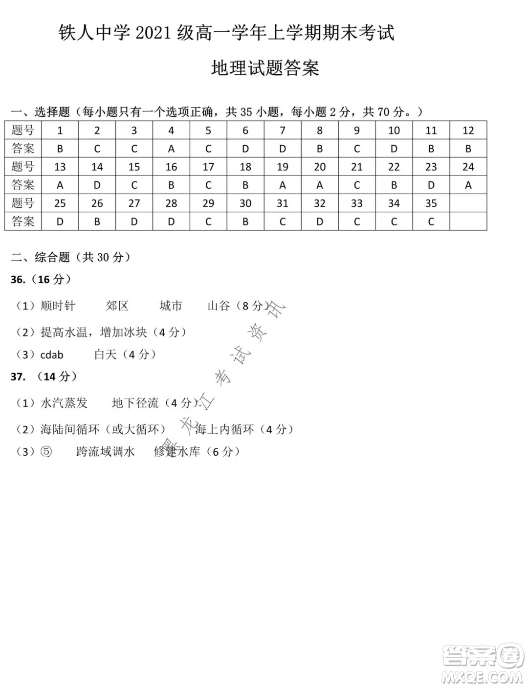 鐵人中學2021級高一學年上學期期末考試地理試題及答案