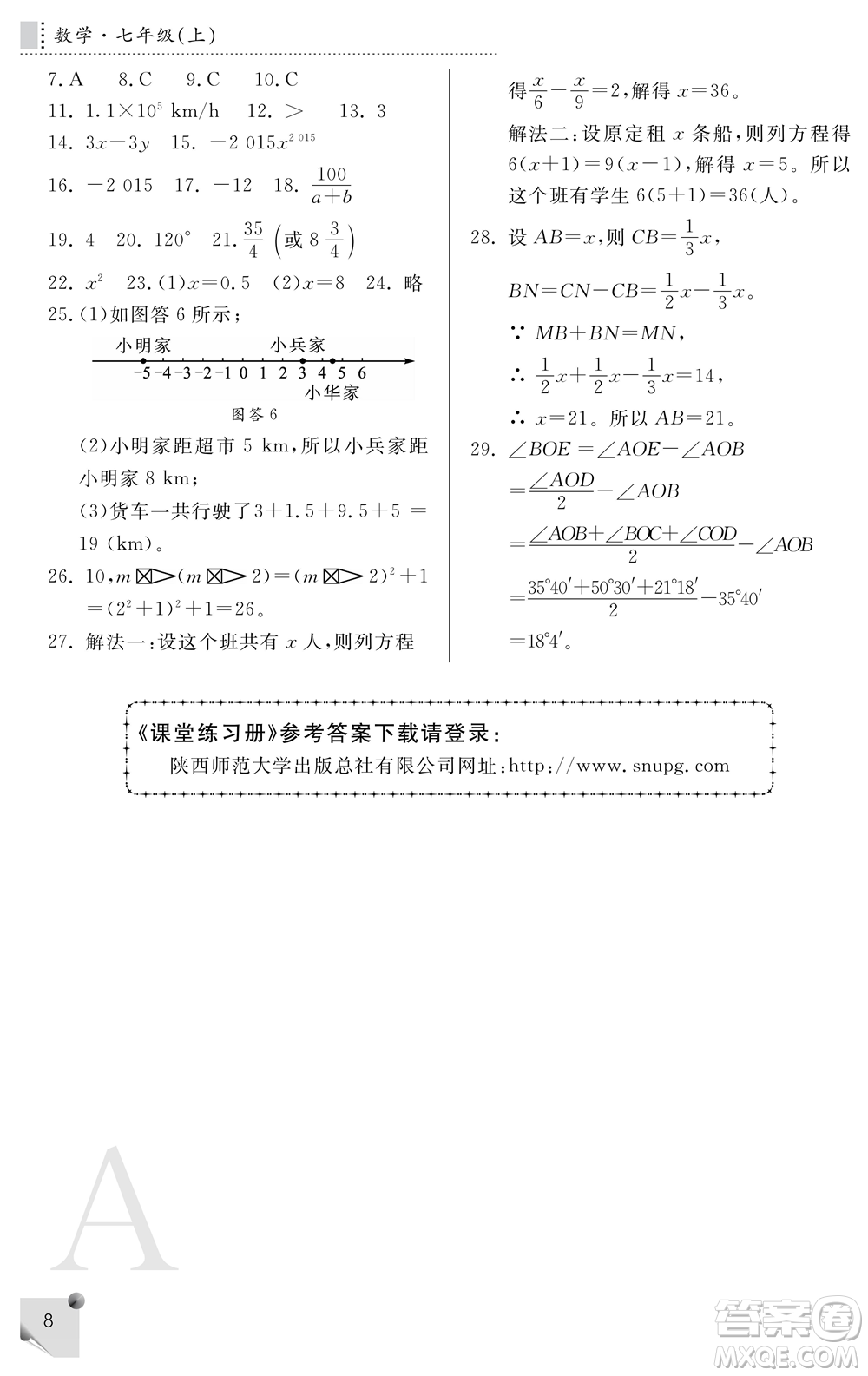 陜西師范大學(xué)出版總社2021課堂練習(xí)冊(cè)七年級(jí)數(shù)學(xué)上冊(cè)A人教版答案