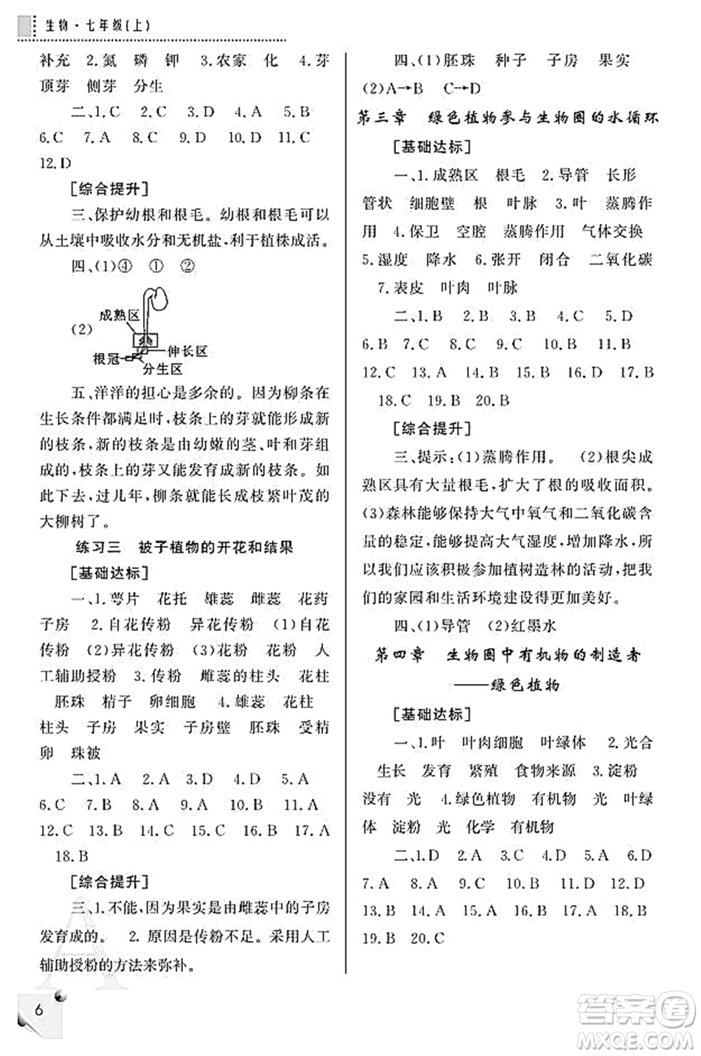 陜西師范大學(xué)出版總社2021課堂練習(xí)冊七年級(jí)生物上冊A人教版答案