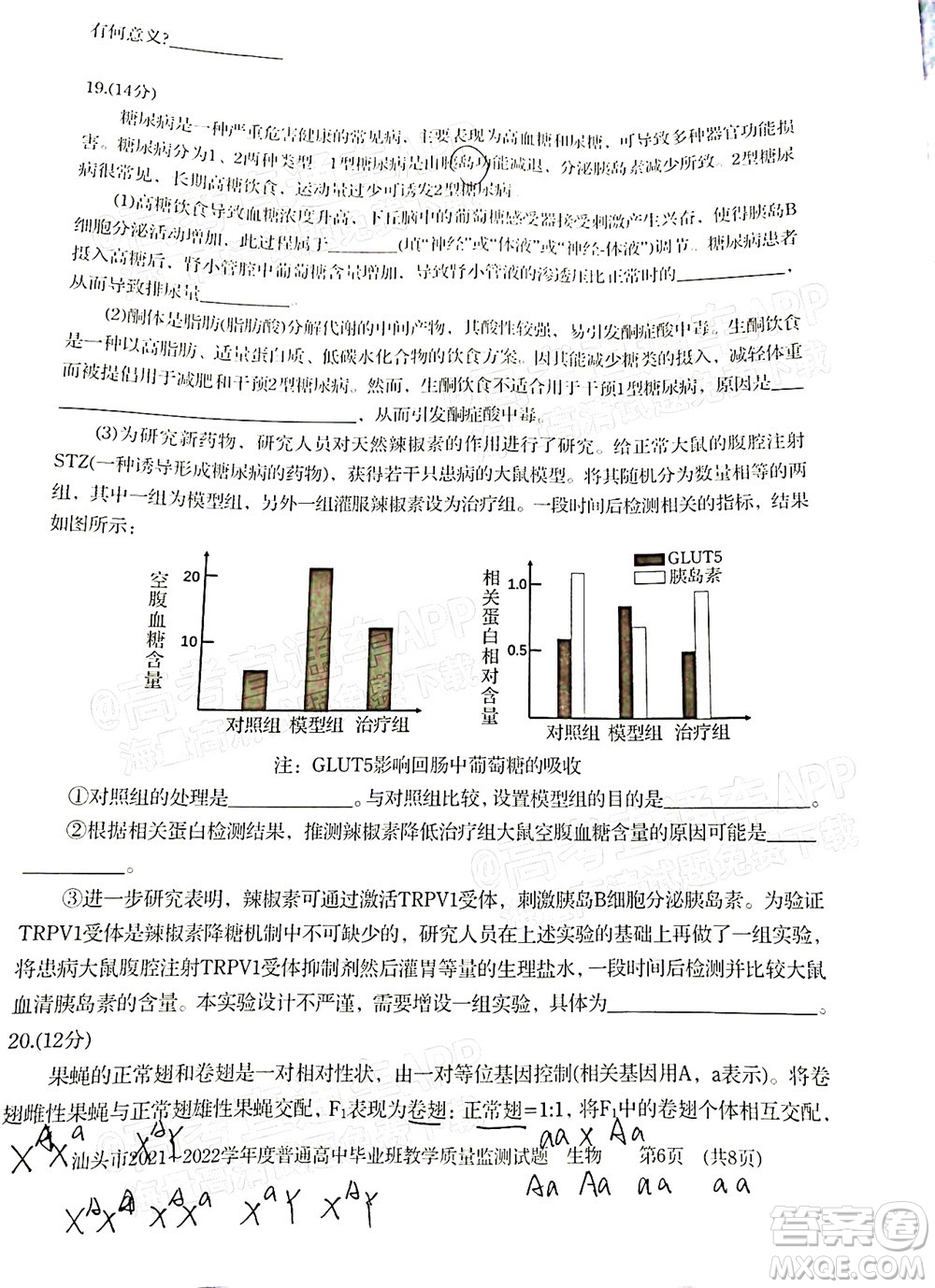 汕頭市2021-2022學(xué)年度普通高中畢業(yè)班教學(xué)質(zhì)量監(jiān)測試題生物答案