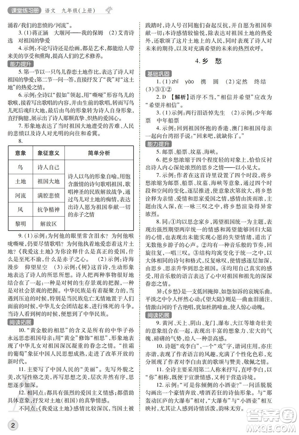 陜西師范大學(xué)出版總社2021課堂練習(xí)冊九年級語文上冊A人教版答案
