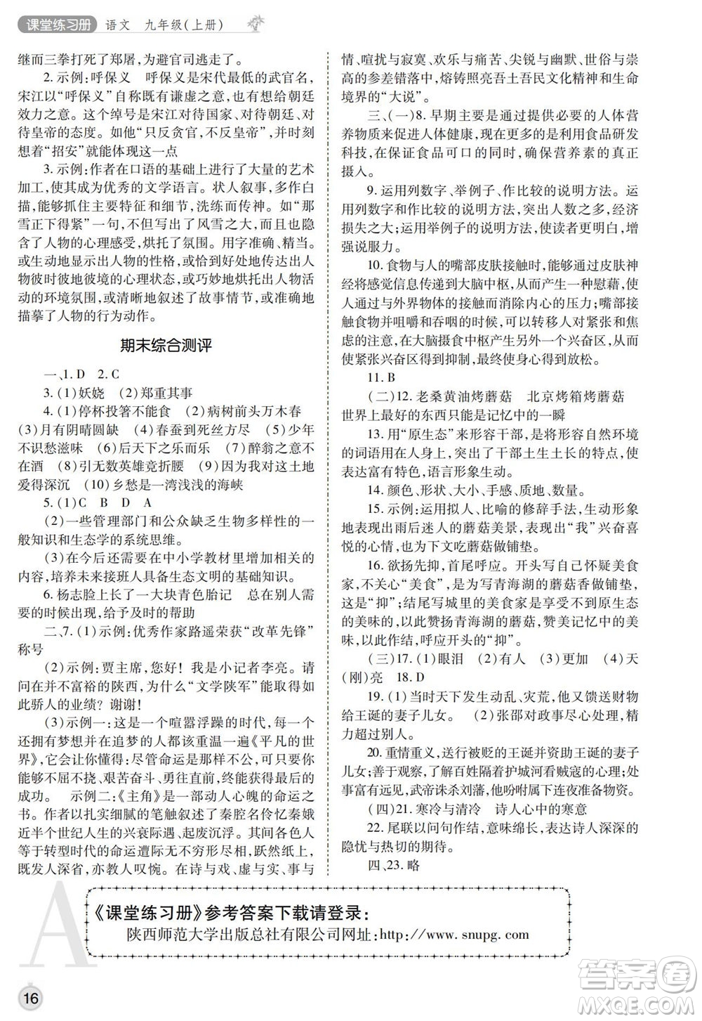 陜西師范大學(xué)出版總社2021課堂練習(xí)冊九年級語文上冊A人教版答案