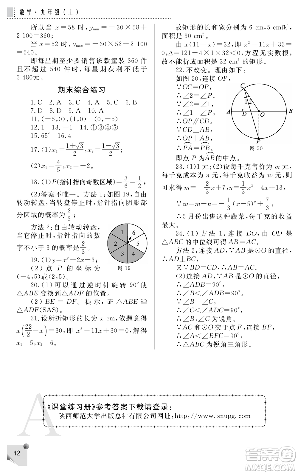 陜西師范大學出版總社2021課堂練習冊九年級數學上冊A人教版答案