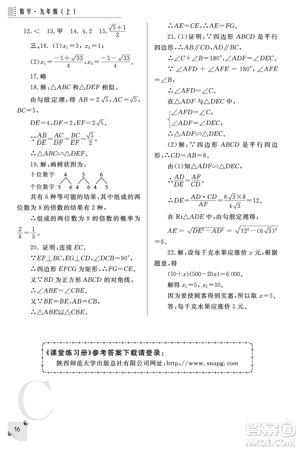 陜西師范大學(xué)出版總社2021課堂練習(xí)冊(cè)九年級(jí)數(shù)學(xué)上冊(cè)C北師大版答案