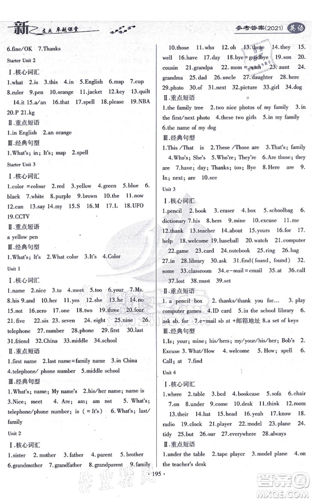 云南美術(shù)出版社2021新支點(diǎn)卓越課堂七年級(jí)英語上冊(cè)人教版答案