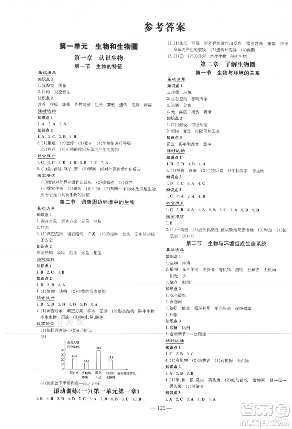 吉林教育出版社2021練案課時(shí)作業(yè)本七年級生物學(xué)上冊人教版參考答案