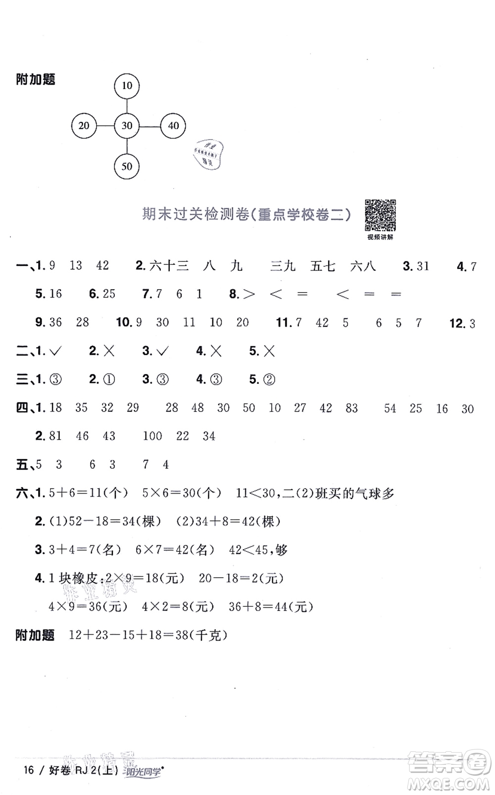 江西教育出版社2021陽(yáng)光同學(xué)一線名師全優(yōu)好卷二年級(jí)數(shù)學(xué)上冊(cè)RJ人教版答案