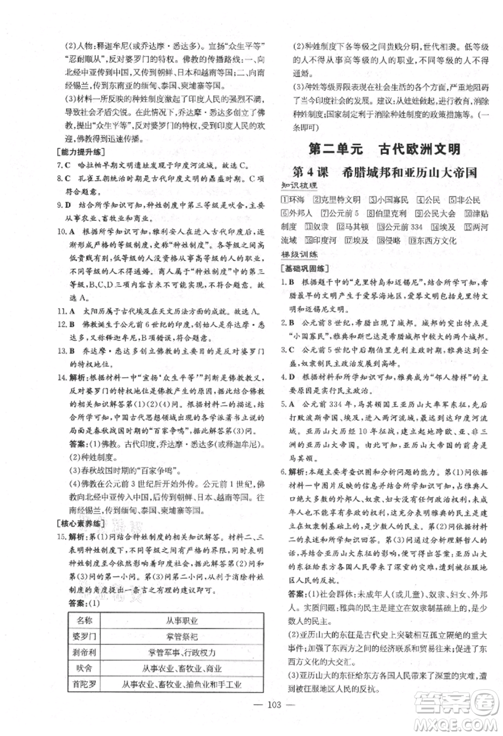 陜西人民教育出版社2021練案五四學制八年級歷史上冊人教版參考答案