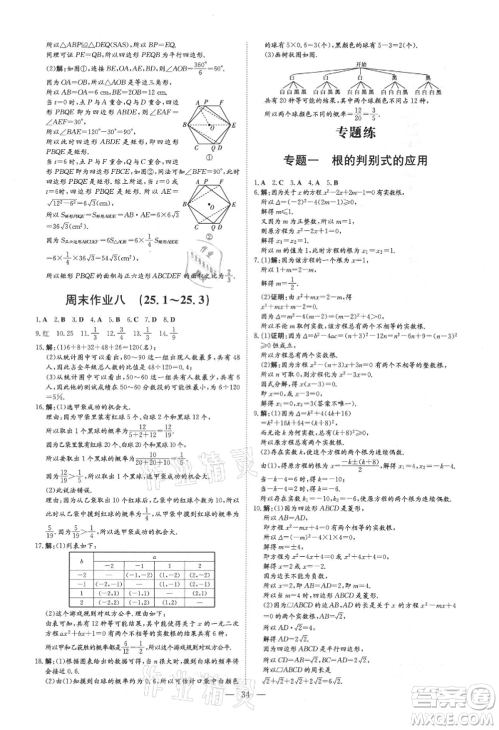 吉林教育出版社2021練案課時作業(yè)本九年級數(shù)學(xué)上冊人教版參考答案